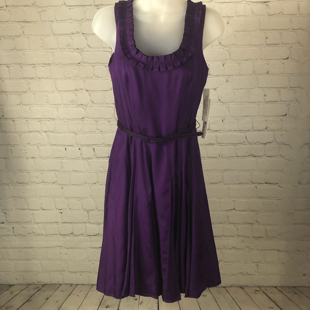 DRESS - NWT Badgley Mischka purple 100% silk dress with ruffled neckline. Size 2